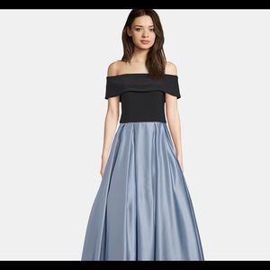 Betsy and Adam Blue off the shoulder satin ballgown NWT